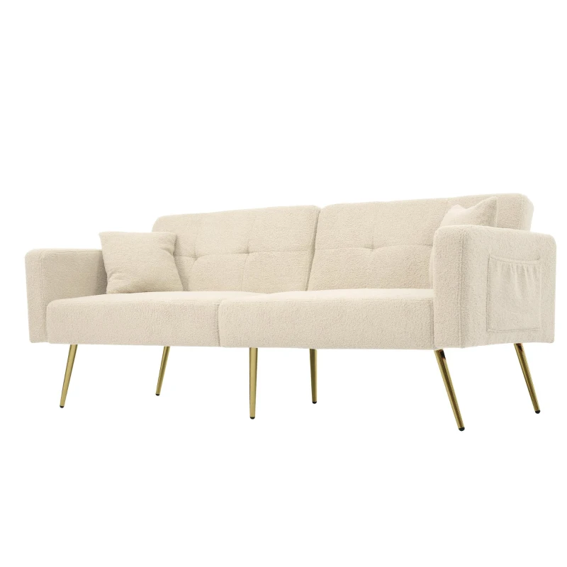 Sherpa Convertible Sofa Bed with 2 Side Pockets, Adjustable Backrest, Gold Legs, Elegant Loveseat for Bedroom, 176L x 64W x 75H cm, Beige
