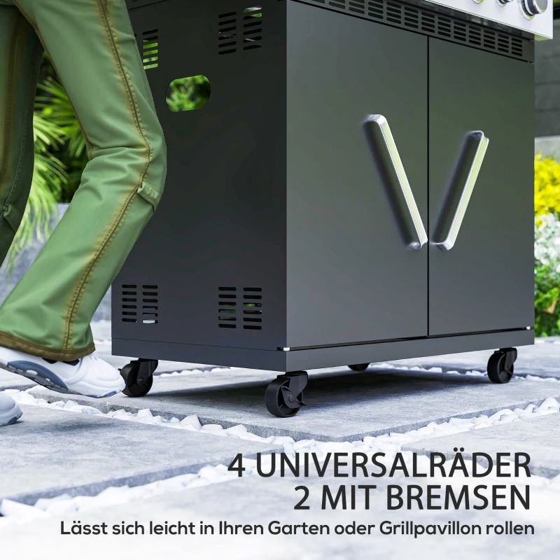 Outsunny Gasgrill 12 KW Grillwagen inkl 5 Brenner Seitenkocher Rolle Deckel Thermometer Seitenablagen 135 x 54 x 110 cm(m-8)