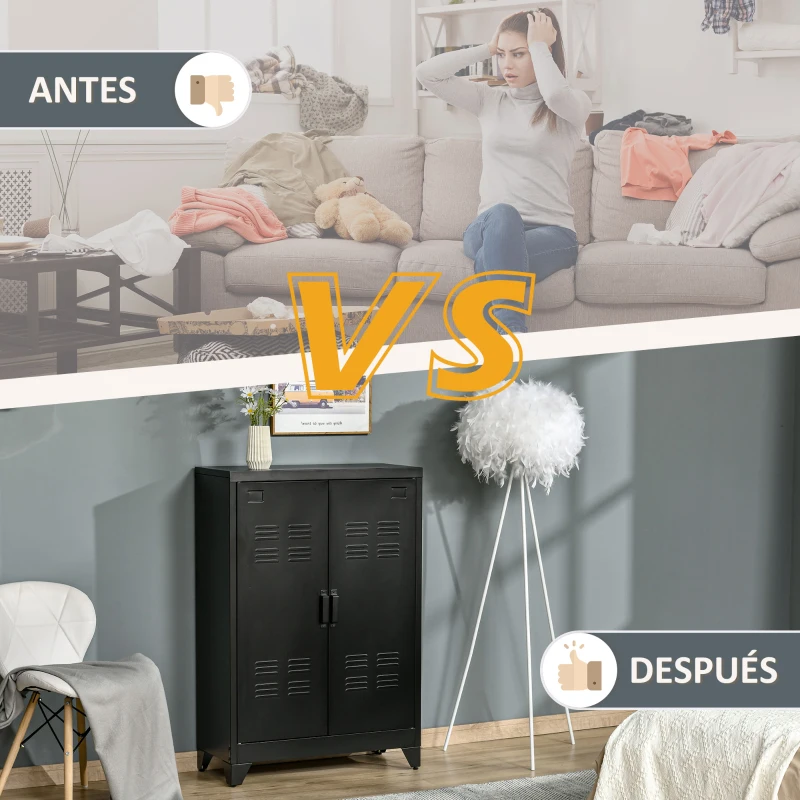 HOMCOM Armario Metálico con Doble Puerta y 2 Baldas Ajustables Mueble Multiusos para Oficina Salón Dormitorio 75x33x110cm Negro