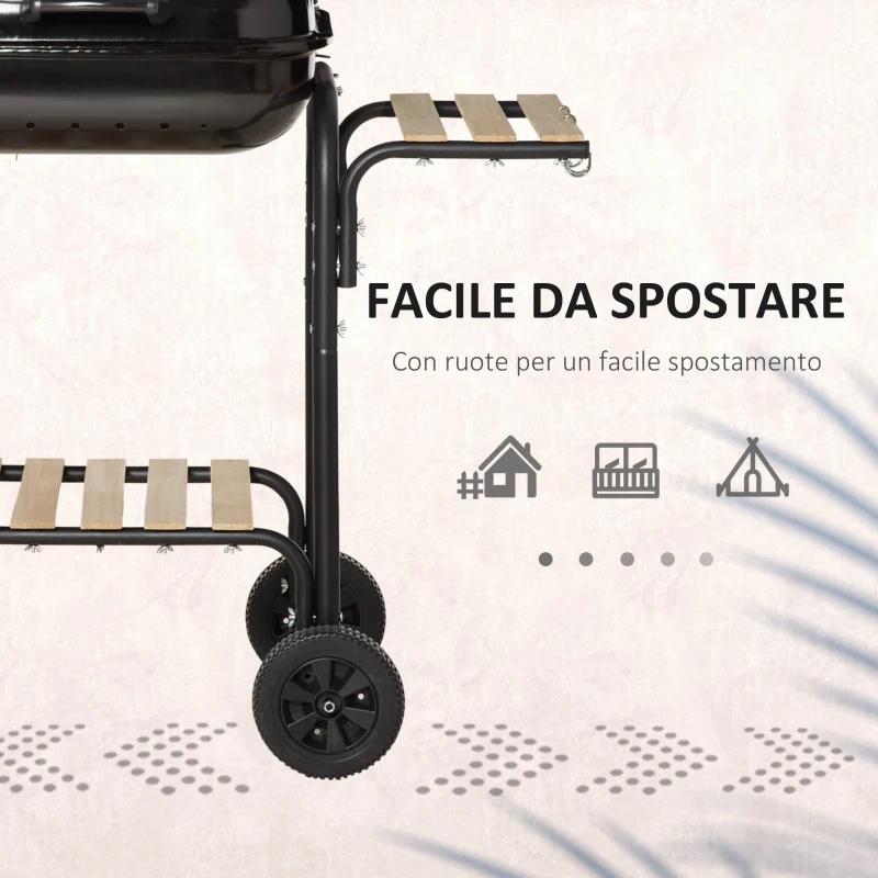 Outsunny Barbecue a Carbone con Coperchio, Ripiani e Ruote, Completo di Spatola, Pinza e Coltello, Nero