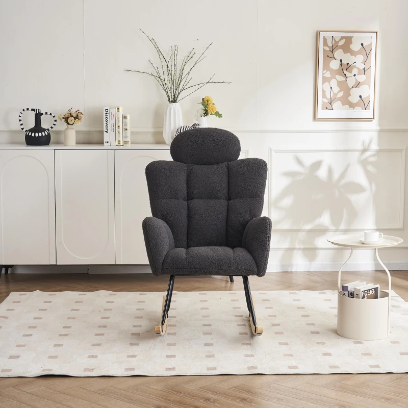Ergonomic Teddy Fabric Rocking Chair with Tufted Seat, Headrest and Backrest, Painted Metal Base, 102L x 70W x 105H cm, Dark Grey