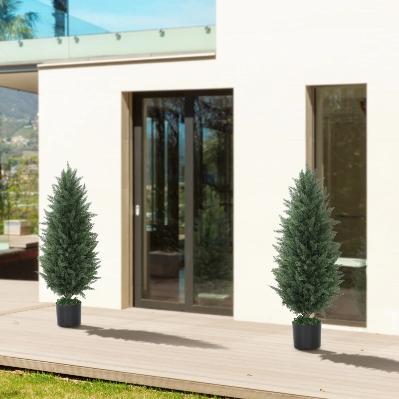 HOMCOM Set van 2 Kunstcipressen, Kunstbomen met 831 Bladeren, met Cementpot, UV-bestendig, Kunstplant, 90 cm, Groen