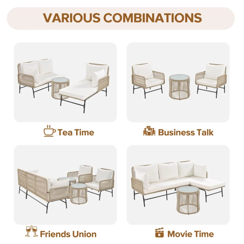 Hand-Woven Garden Lounge Sofa Set with 2 Armchairs, 2 Two-Seater Sofas, 2 Round Tables, Ideal for Patio, Terrace, 187L x 124W x 78H cm, Beige