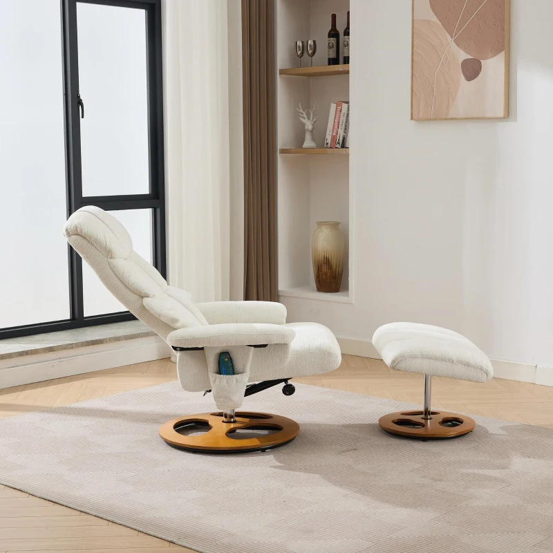 Chenille Upholstered Massage Recliner with Ottoman Footstool, 5-Point Massager, Ergonomic Backrest, 88L x 80W x 106H cm, White