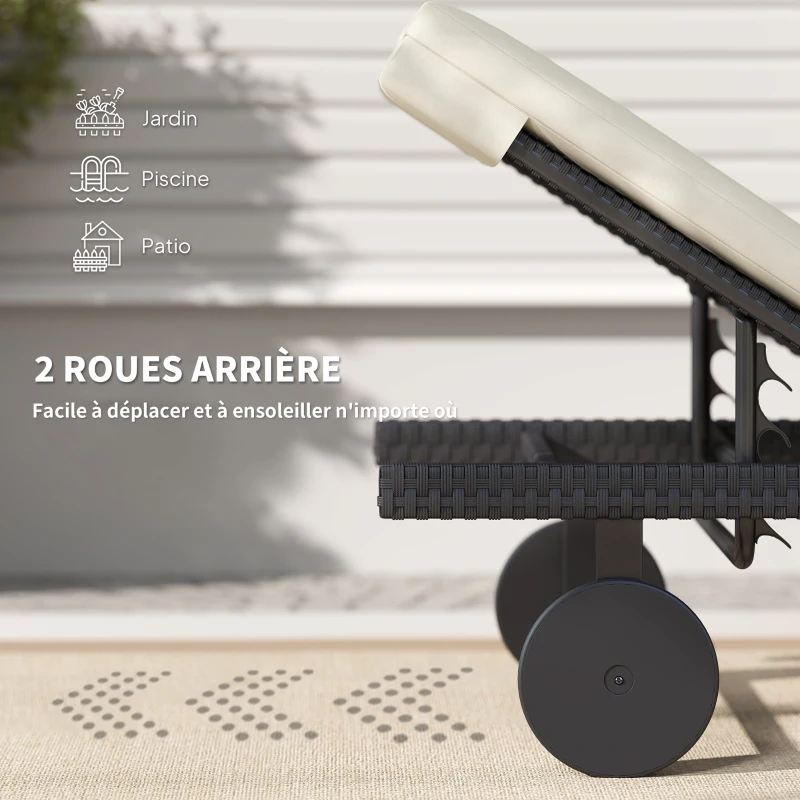 Outsunny Bain de soleil chaise longue avec coussin en résine tressée inclinable avec roulettes, 198 x 65 x 85 cm, crème