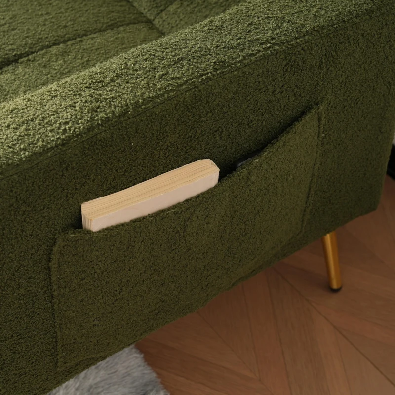 Convertible Sofa Bed with Adjustable Backrest, Gold Legs, Side Pockets, Sherpa Fabric Loveseat for Living Room, 176L x 64W x 75H cm, Green