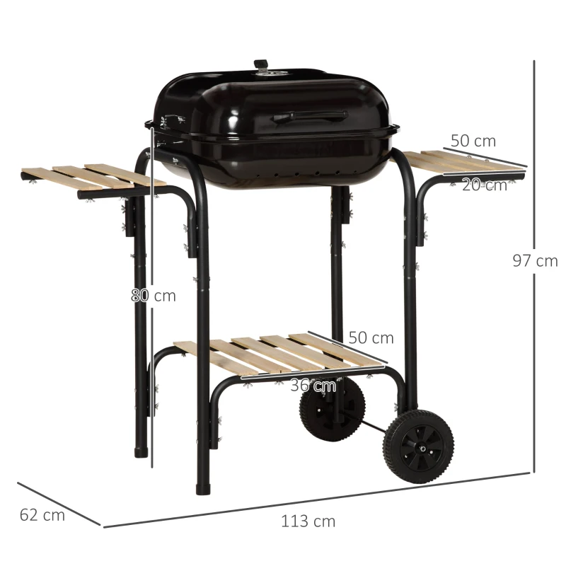 Outsunny Barbecue a Carbone con Coperchio, Ripiani e Ruote, Completo di Spatola, Pinza e Coltello, Nero