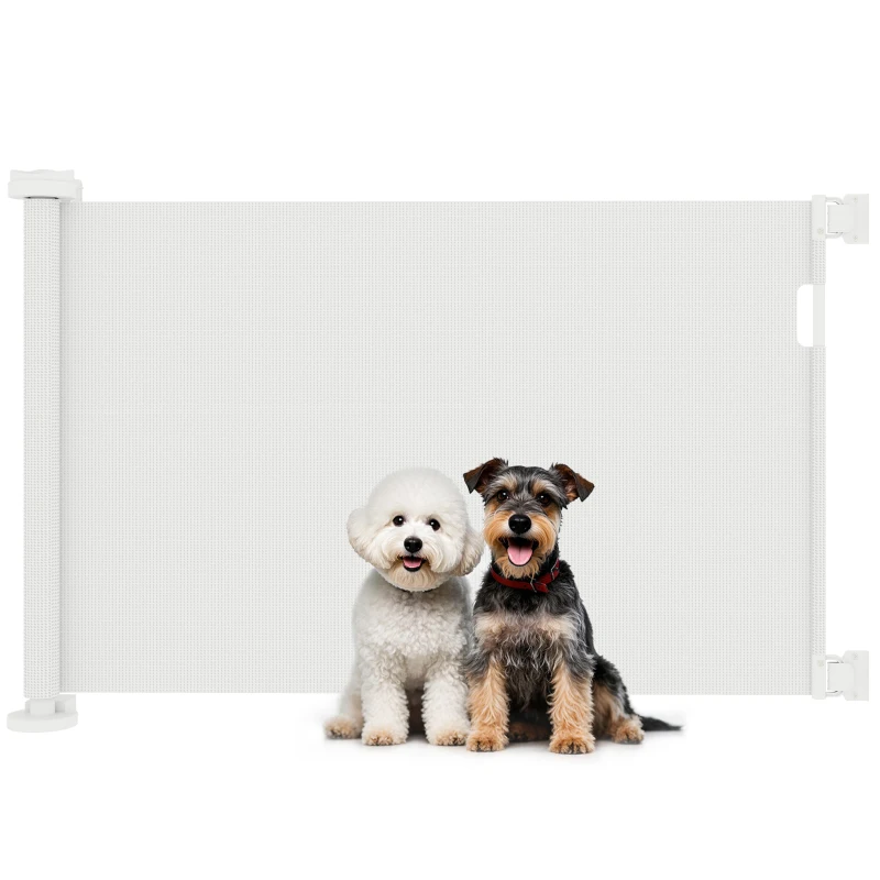 PawHut Barrera de Seguridad para Perros Retráctil con Interruptor de Cierre para Puertas Escaleras Pasillos 142x10x87 cm Blanco