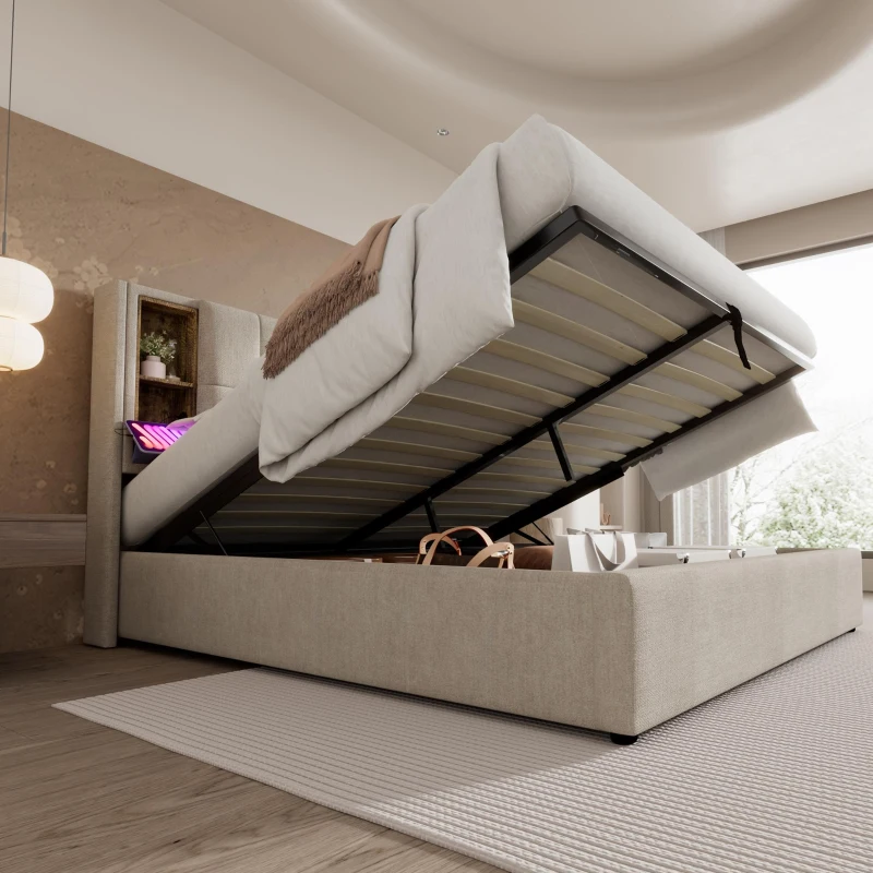 Upholstered Super King Size Bed Frame with Hydraulic Storage and Wireless Charging, 206L x 185W x 100.5H cm, Natural