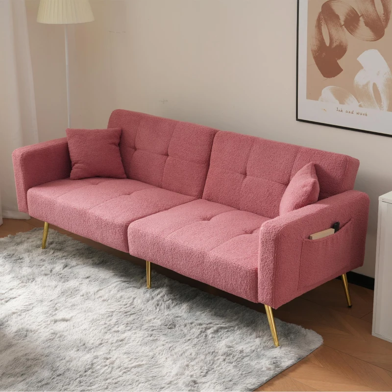 Convertible Sofa Bed with Adjustable Backrest, Gold Legs, Side Pockets, Sherpa Fabric Sleeper Sofa for Bedroom, 176L x 64W x 75H cm, Pink