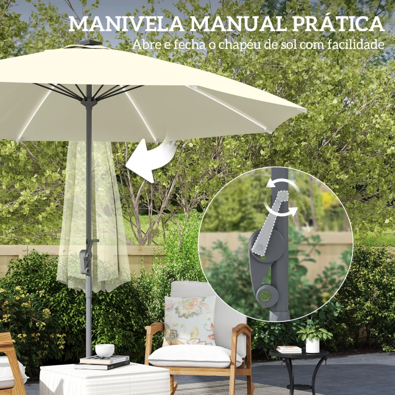 Outsunny Chapéu de Sol de Jardim com Luzes LED Ø300x256 cm Manivela  Proteção UV50+ e Mastro de Alumínio Creme