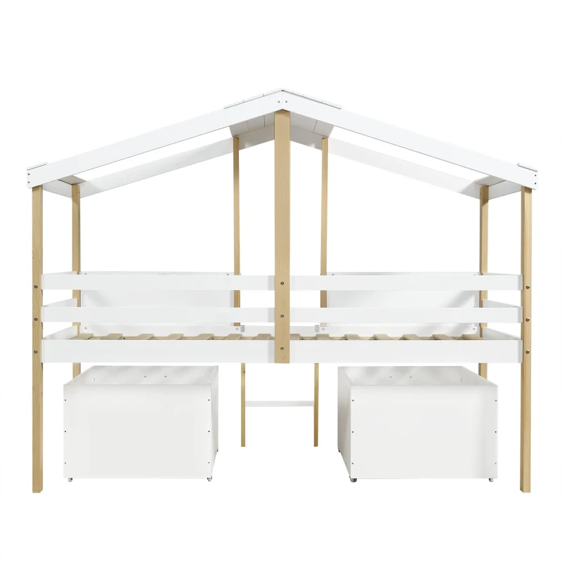 Children's Wooden Storage Bed with Safety Guardrail, Roof Design and Two Wheeled Storage Boxes, 196L x 98W x 158.5H cm, White+Natural
