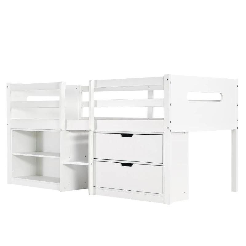 3ft Storage Bed with 2 Drawers and Compartments, Pine and Particle Board, for Children's Room - White