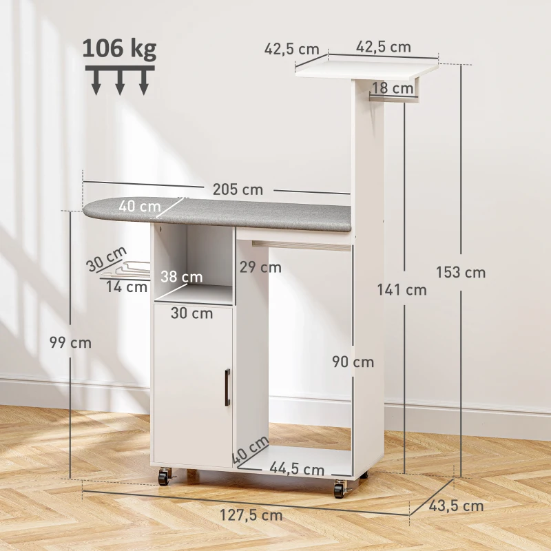 HOMCOM Estación de Planchado con Ruedas Barra para Ropa Tabla de Planchar 127,5x43,5x153 cm Blanco