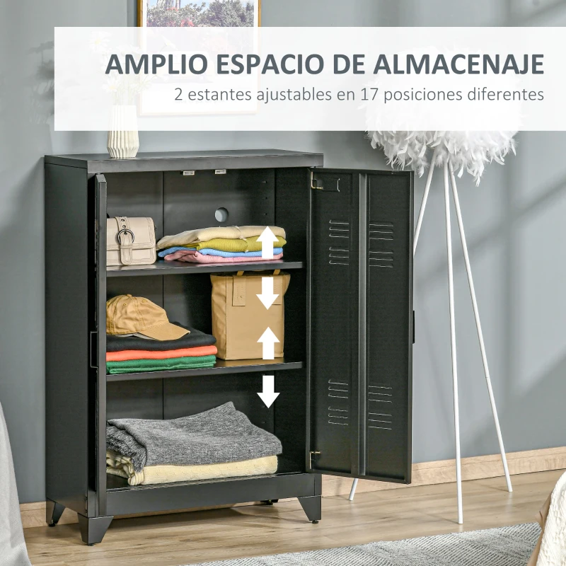 HOMCOM Armario Metálico con Doble Puerta y 2 Baldas Ajustables Mueble Multiusos para Oficina Salón Dormitorio 75x33x110cm Negro