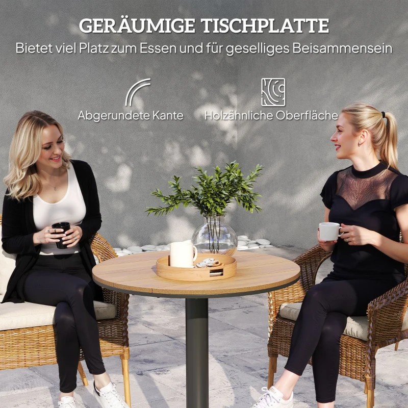 Outsunny Tuintafel Ø70 cm, Weerbestendige Ronde Balkontafel met Lamellenontwerp, Staal Ø70 x 74H cm Natuurlijk Hout