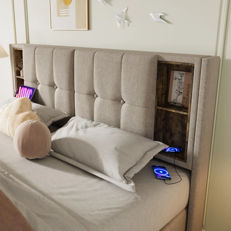 Upholstered Double Bed with Wireless Charging, Hydraulic Storage and Linen Fabric, 206L x 155W x 100.5H cm, Natural