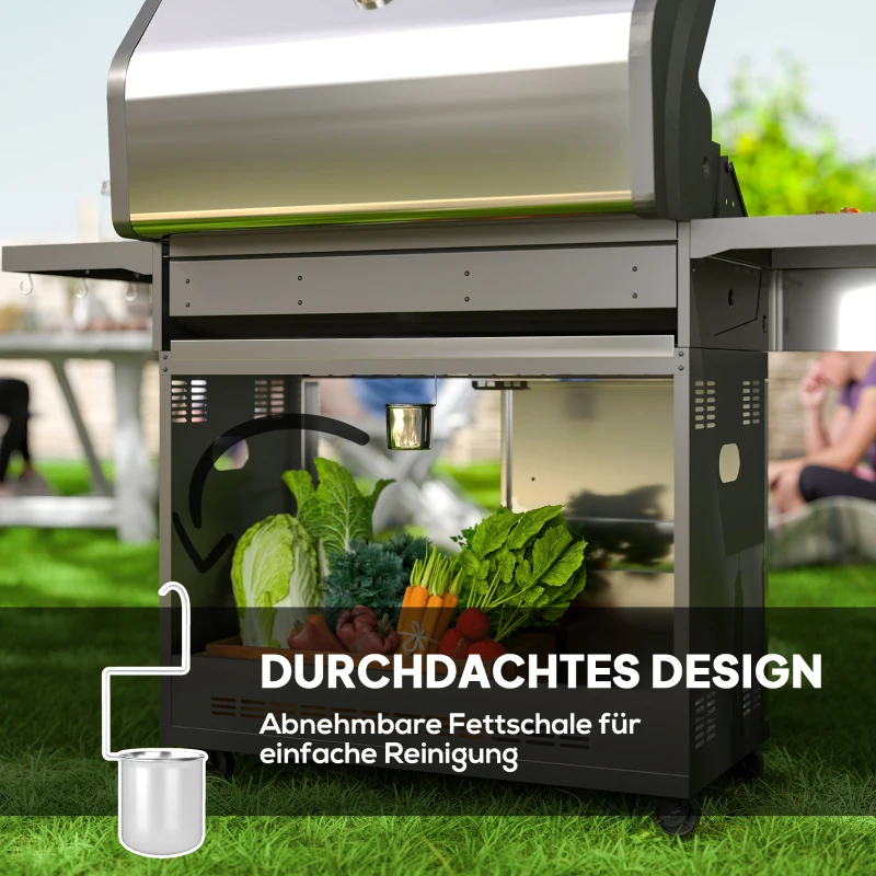 Outsunny Gasbarbecue 8500BTU Rolwagen met 6 RVS Branders, Thermometer, Drukregelaar, 141 x 55 x 110 cm Zilver