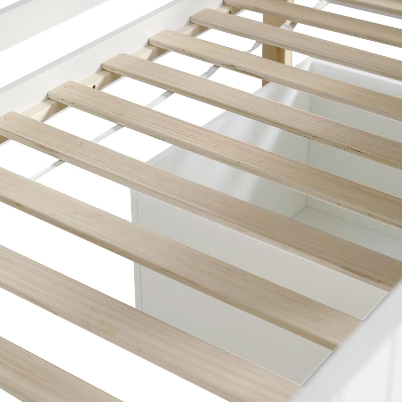 Children's Wooden Storage Bed with Safety Guardrail, Roof Design and Two Wheeled Storage Boxes, 196L x 98W x 158.5H cm, White+Natural