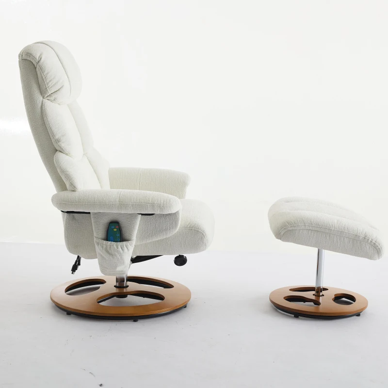 Chenille Upholstered Massage Recliner with Ottoman Footstool, 5-Point Massager, Ergonomic Backrest, 88L x 80W x 106H cm, White