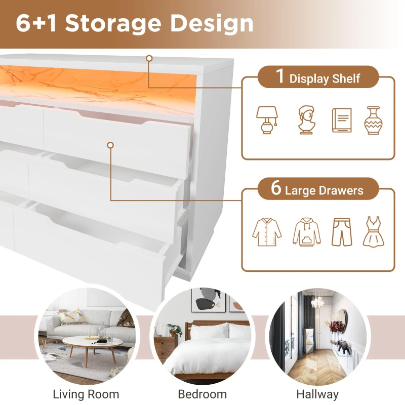Marbled 6-Drawer Sideboard with RGB LED Lighting, Modern Storage Cabinet for Living Room or Home Office, 120L x 40W x 85H cm, White