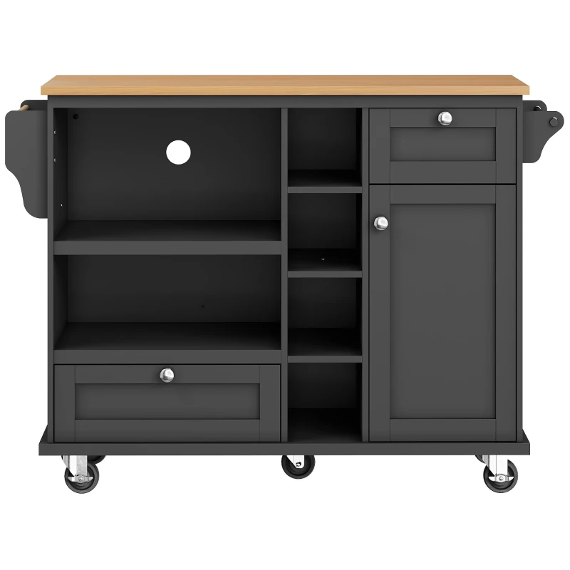 Mobile Kitchen Trolley with 5 Wheels, Drawers and Cupboards, Wooden Worktop, Food Cart for Kitchen Organization, 129L x 46W x 92H cm, Black