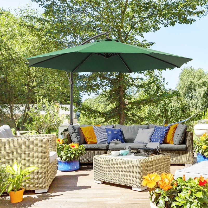 Outsunny Umbrela Impermeabila cu Brat Lateral si Structura din Otel cu Manivela, Verde Φ300 x 250 cm