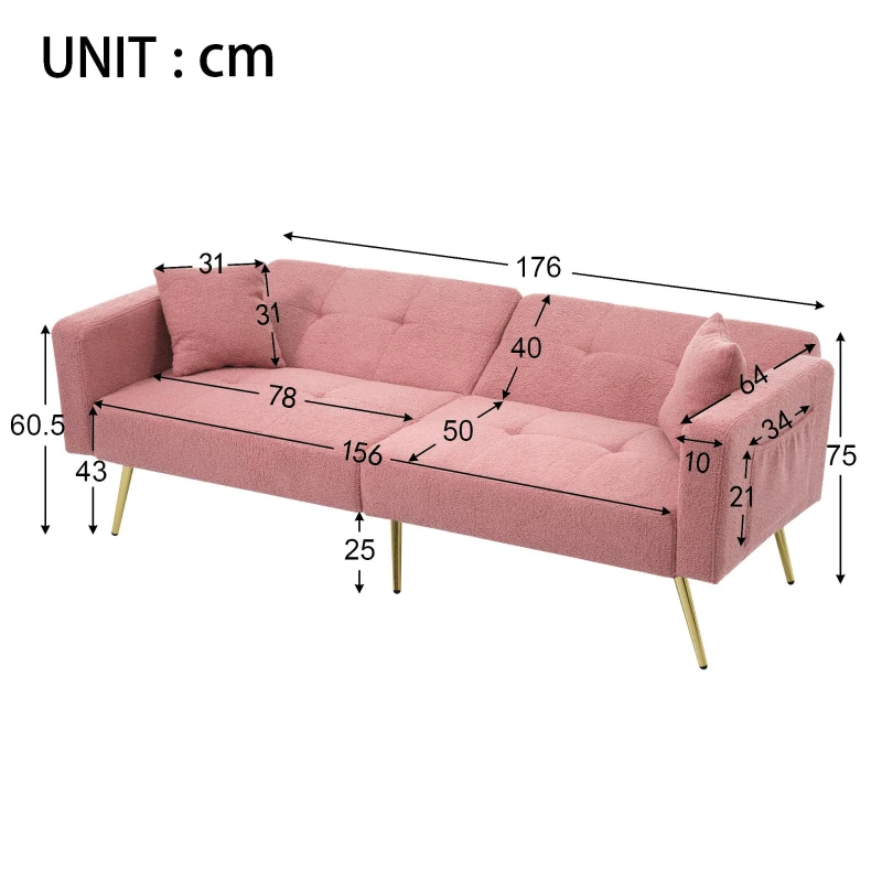 Convertible Sofa Bed with Adjustable Backrest, Gold Legs, Side Pockets, Sherpa Fabric Sleeper Sofa for Bedroom, 176L x 64W x 75H cm, Pink