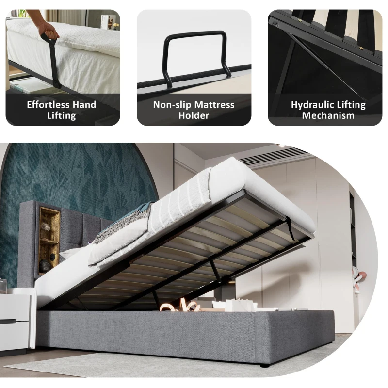 Upholstered Double Bed with Wireless Charging and Hydraulic Storage, Linen Fabric King Size Bed Frame, 206L x 155W x 100.5H cm, Grey