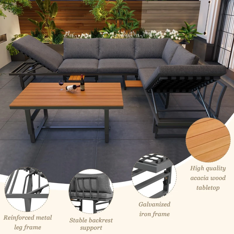 Outdoor Garden Furniture Set with 2 Sofas, Adjustable Wood Table, Galvanised Iron Frame, Cushions and Pillows, 250L x 186W x 76H cm, Grey