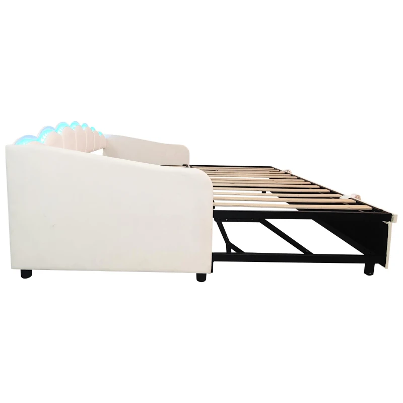 Petal Shape Sofa Bed with RGB LED Lighting, Velvet Upholstered Daybed with Trundle, 202L x 187.5W x 80H cm, Beige