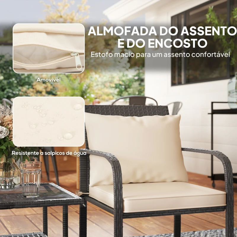Outsunny Conjunto de Jardim de 3 Peças com 2 Cadeiras e Mesa com Prateleira e Bancada de Vidro Marrom Escuro e Creme