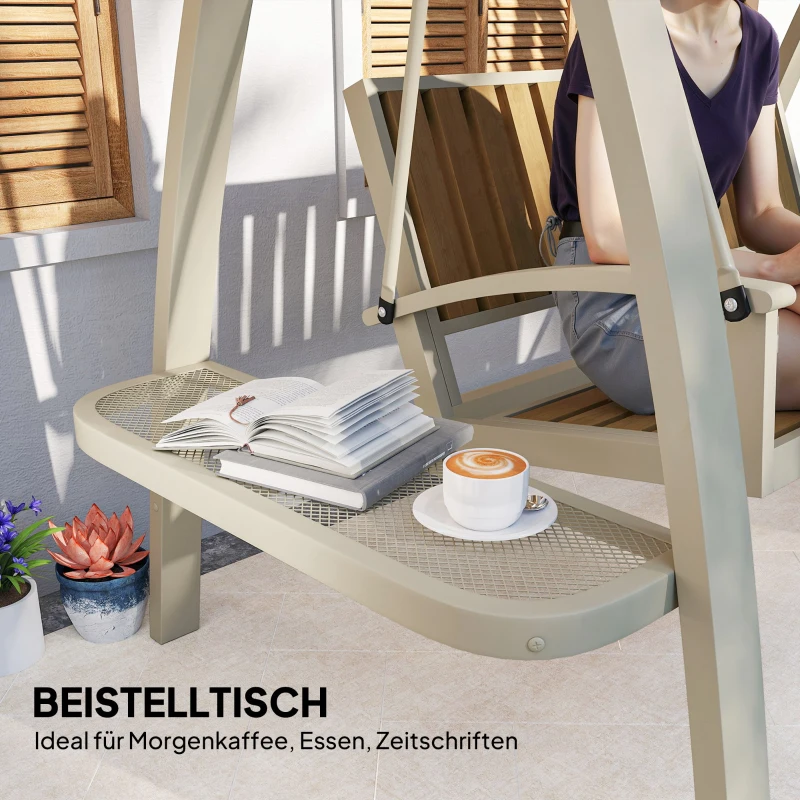 Outsunny Hollywoodschaukel 2-Sitzer Gartenschaukel mit verstellbarem Sonnendach, Seitentisch 200 x 120 x 190cm, Beige(m-5)