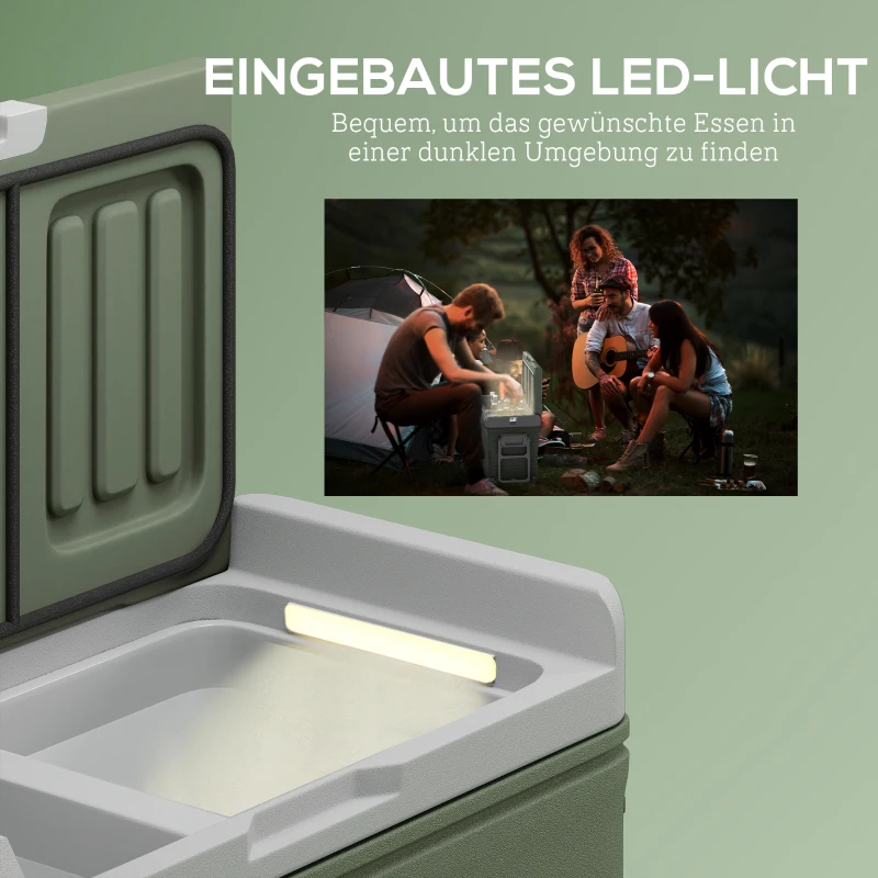 Outsunny 33 L Campingkühlschrank, Reisekühlbox, tragbarer Autokühlschrank mit 2 Fächern und Rädern, Kunststoff, Grün