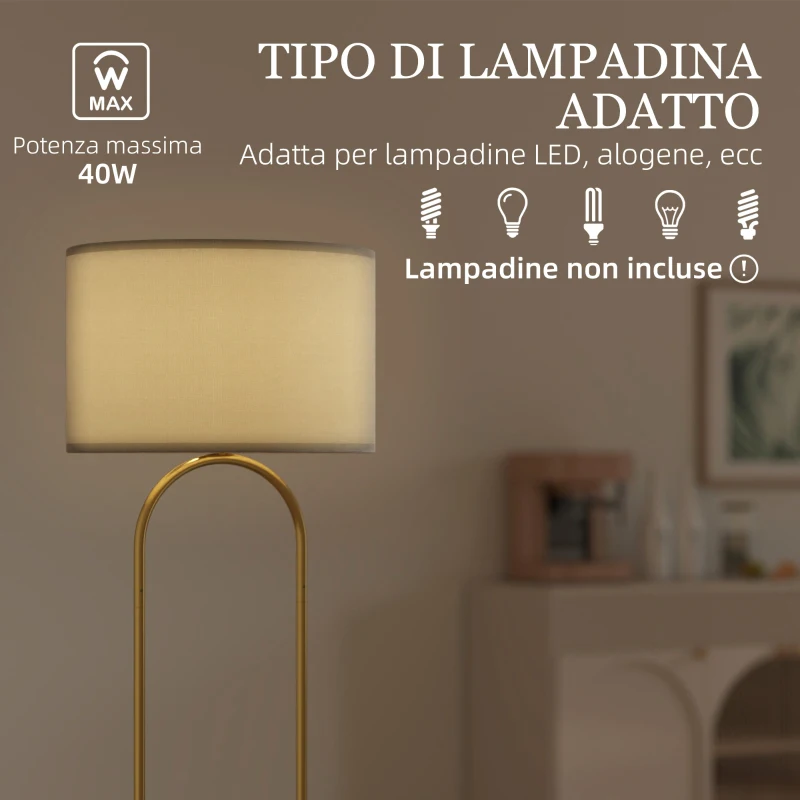 HOMCOM Lampada da Terra Moderna con Paralume in Tessuto, Doppio Tubo Metallico e Interruttore a Pedale, Oro