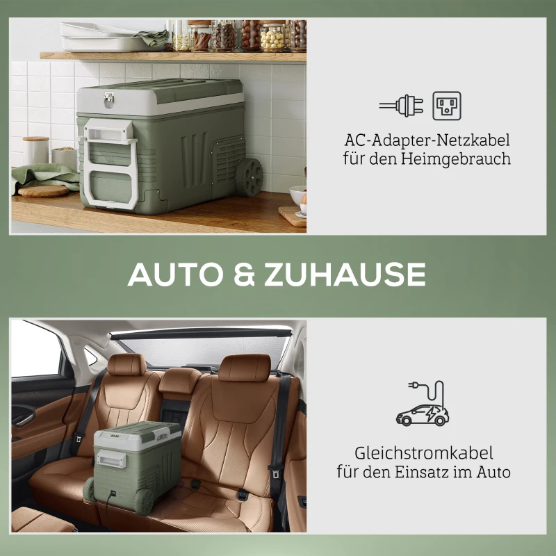 Outsunny 33 L Campingkühlschrank, Reisekühlbox, tragbarer Autokühlschrank mit 2 Fächern und Rädern, Kunststoff, Grün