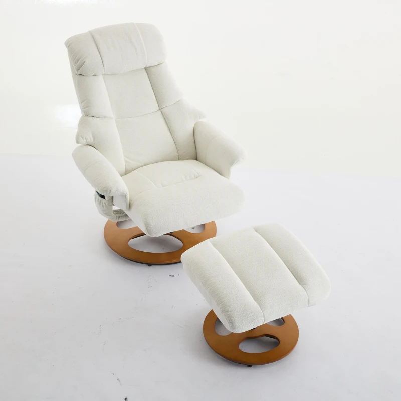 Chenille Upholstered Massage Recliner with Ottoman Footstool, 5-Point Massager, Ergonomic Backrest, 88L x 80W x 106H cm, White