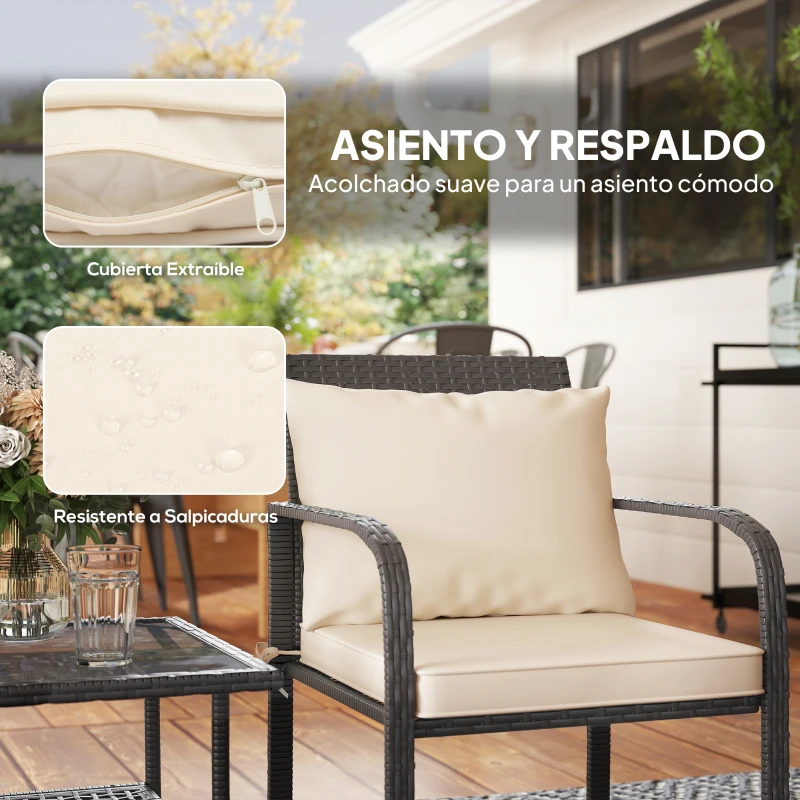 Outsunny Conjunto de Muebles de Jardín de Ratán Sintético con 2 Sillas con Cojines Acolchados y Mesa con Vidrio Templado Marrón
