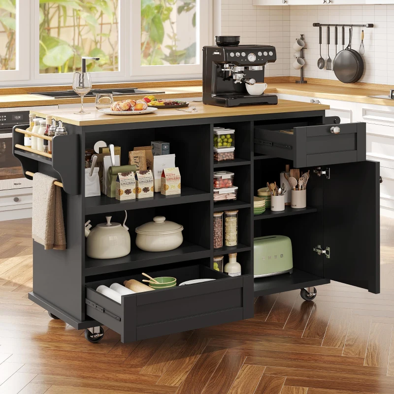 Mobile Kitchen Trolley with 5 Wheels, Drawers and Cupboards, Wooden Worktop, Food Cart for Kitchen Organization, 129L x 46W x 92H cm, Black