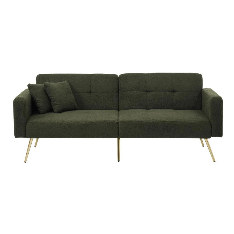 Convertible Sofa Bed with Adjustable Backrest, Gold Legs, Side Pockets, Sherpa Fabric Loveseat for Living Room, 176L x 64W x 75H cm, Green