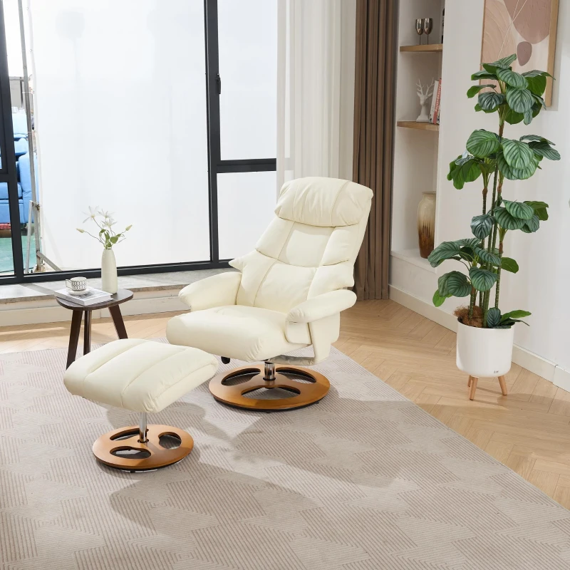 PU Upholstered Massage Recliner with Ottoman Footstool, 5 Points Massager, Ergonomic Backrest, Swivel Function, 88L x 80W x 106H cm, White