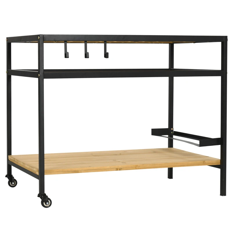Outsunny Servierwagen im Industrie-Design, wetterbeständig, 3 Haken, 1 Regal,107 cm x 65 cm x 80 cm, Schwarz +Natur
