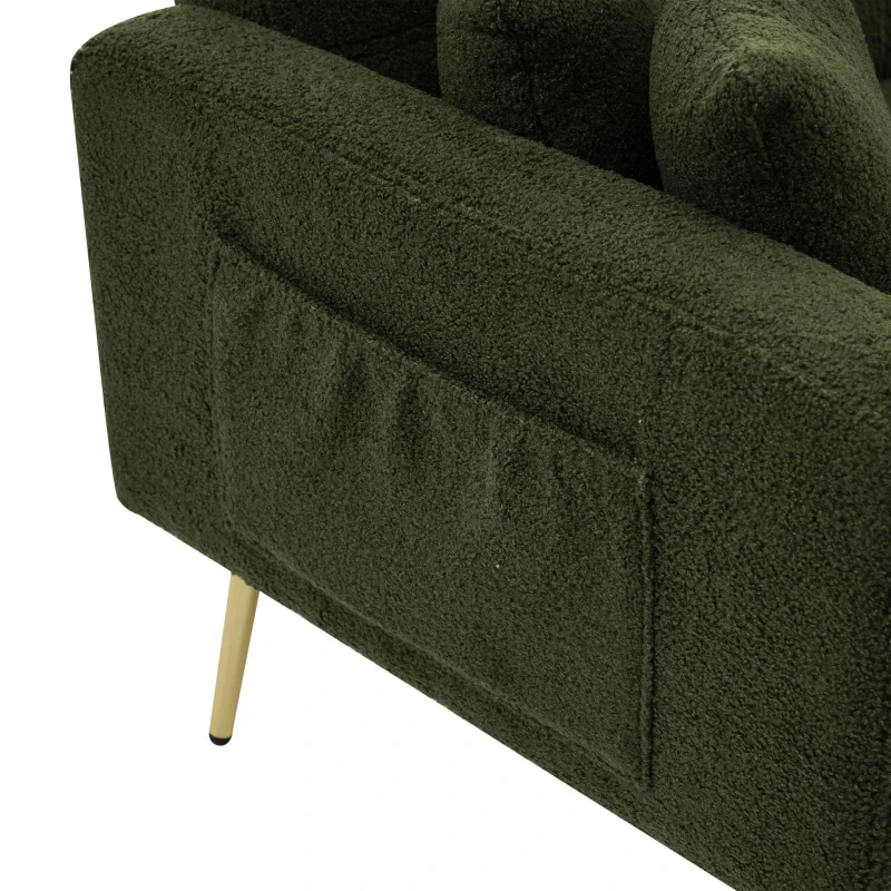 Convertible Sofa Bed with Adjustable Backrest, Gold Legs, Side Pockets, Sherpa Fabric Loveseat for Living Room, 176L x 64W x 75H cm, Green