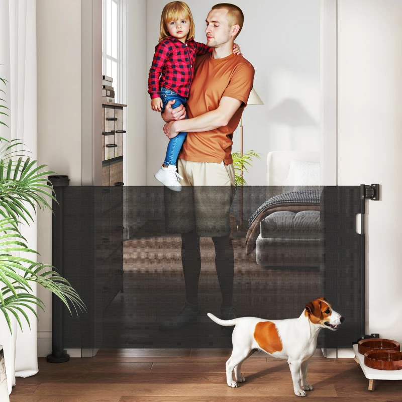 PawHut Barrera de Seguridad para Perros Retráctil con Interruptor de Cierre para Puertas Escaleras Pasillos 142x10x87 cm Negro