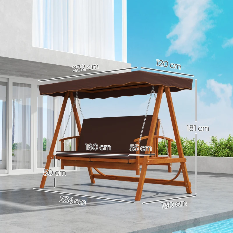Outsunny Hollywoodschommel met Zonnedak, Echthouten Tuinschommel, Schommelbank met Ligfunctie, Voor 3 Personen, Bruin(m-3)