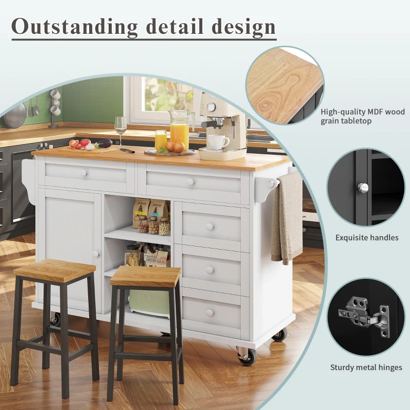 Dining Trolley with Drawer-Storage Cabinet, Mobile and Fixed Dual-Use Design, Versatile Food Cart for Kitchens, 134L x 46W x 92H cm, White