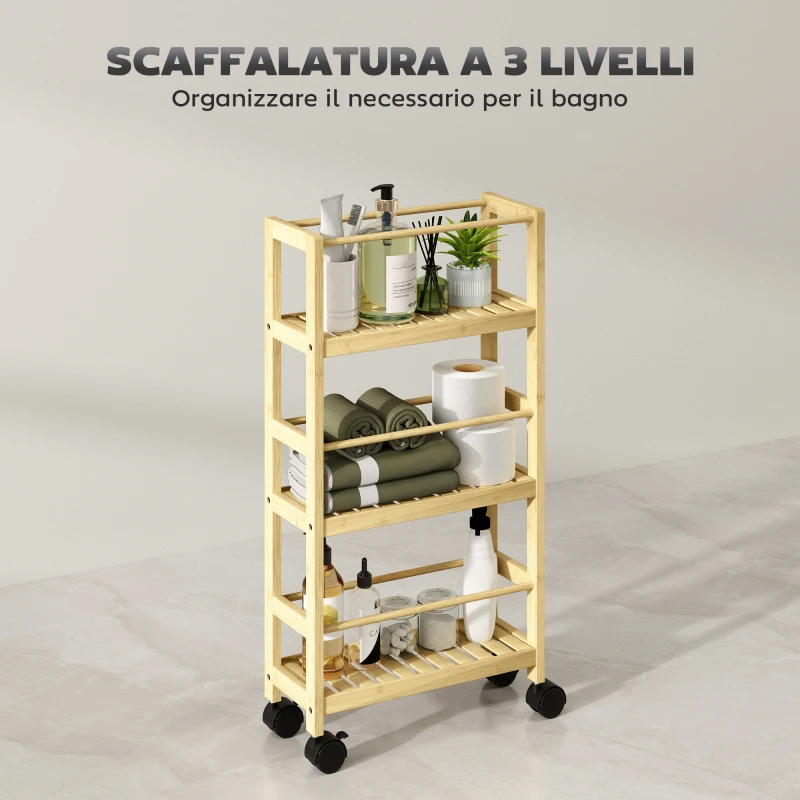 HOMCOM Scaffale Bagno a 3 Livelli con Ruote, Carrellino in Legno di Bambù, 36x15x73 cm, Colore Legno
