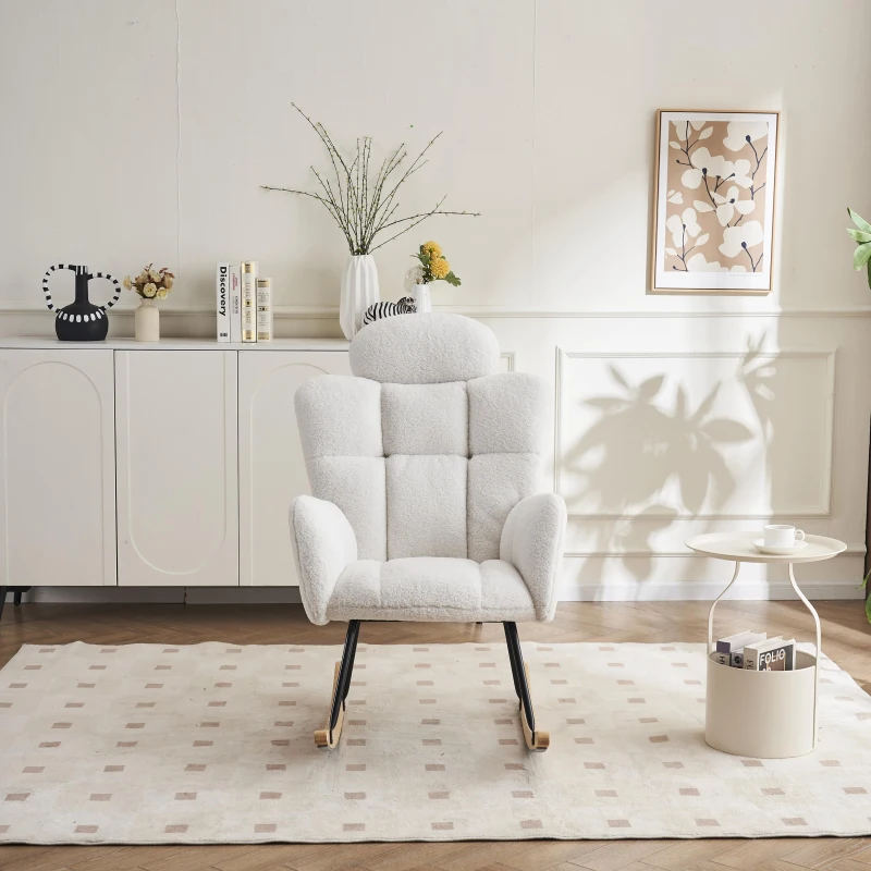 Teddy Fabric Rocking Chair with Tufted Upholstery, Padded Seat, Ergonomic Backrest, Ideal for Bedroom, Hallway, 102L x 70W x 105H cm, White