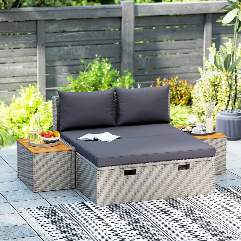 Outsunny Polyrattan Sonnenliege für 2 Personen Doppelliege mit Fußhocker Stauraum Auflagen 125x114x72,5 cm Grau(m-2)