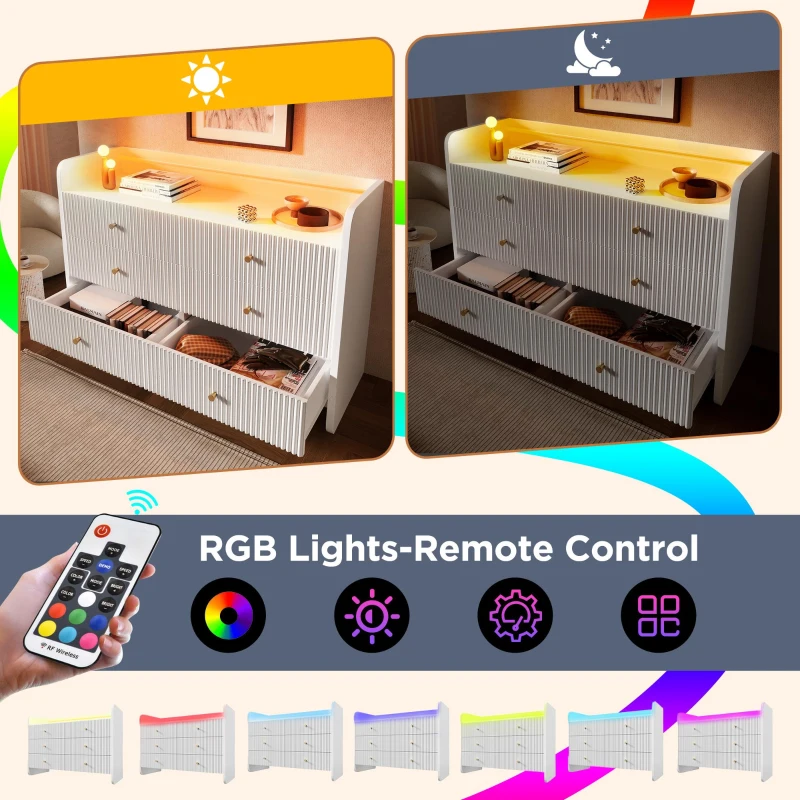 Fluted 6-Drawer Sideboard with RGB LED Lighting, Modern Storage Cabinet for Living Room, Bedroom, Dining Room, Office, 120L x 40W x 75H cm, White